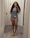 Sexy Stretch Summer Two Pieces Denim Short Set With Denim tank Top Cami Top