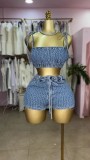 Sexy Stretch Summer Two Pieces Denim Short Set With Denim tank Top Cami Top