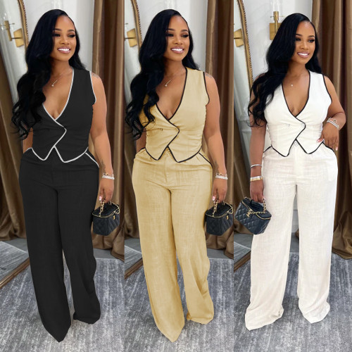 Casual Summer Stretch Two-piece Pants Set With Cardigan Sleeveless Crop Top and Wide Leg Pants