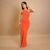 Fashion Summer Solid Color Stretch One Shoulder Pleated Dress Long Floor Dress Party Evening Dress