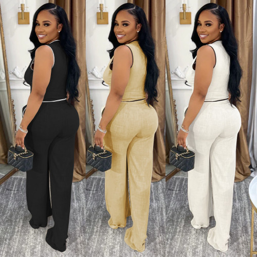 Casual Summer Stretch Two-piece Pants Set With Cardigan Sleeveless Crop Top and Wide Leg Pants