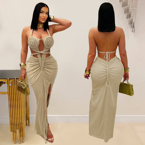 Sexy Summer Stretch Cut Out Halter Backless Slim Long Bodycon Dress High Slit Dress