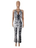 Sexy Stretch Print Mesh Two-pieces Pant Set With Backless Halter Top and High Waist Flare Leg Pants