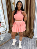 Sport Summer Stretch Knit Two Pieces Skirt Set With Sleeveless Crop Top Tank Top and Short Pleated Skirt