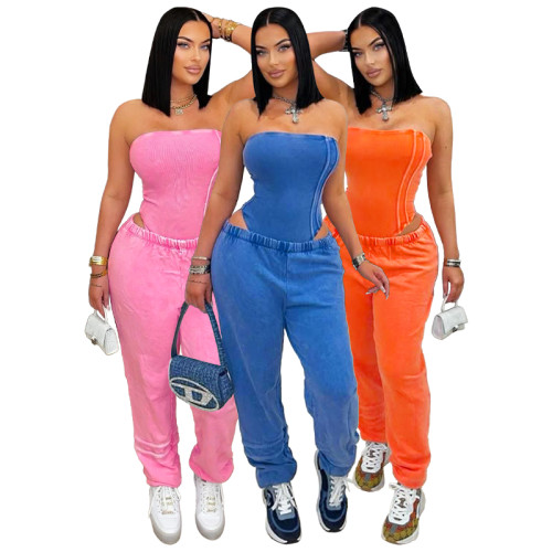 Casual Summer Retro Real Wash Stretch Two Pieces Sweatpants Set With Strapless Tube Romper Short Jumpsuit