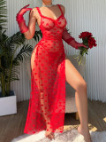 CUTENOVA Z0108DS01 Solid Red Heart-Shaped Lace Maxi Dress with Thong Nightgown Set Sexy Women's Outfit
