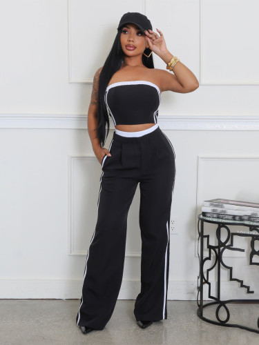 Casual Fashion Two-piece Pants Set With Tube Top and High Waist Straight Leg Pants