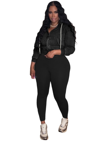 HR25089 European and American Fashion Women's Washed Zipper Hooded Fleece Top Yoga Pants Sports Casual Two-Piece Set