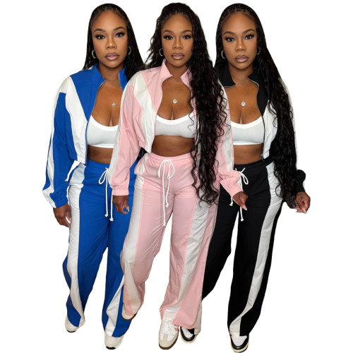 HR25055 European and American Fashion Women's Color Block Zipper Cardigan Wide Leg Drawstring Sports Pants Two-Piece Set for Women