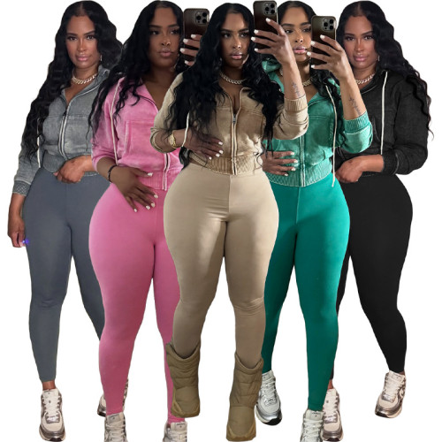 HR25089 European and American Fashion Women's Washed Zipper Hooded Fleece Top Yoga Pants Sports Casual Two-Piece Set