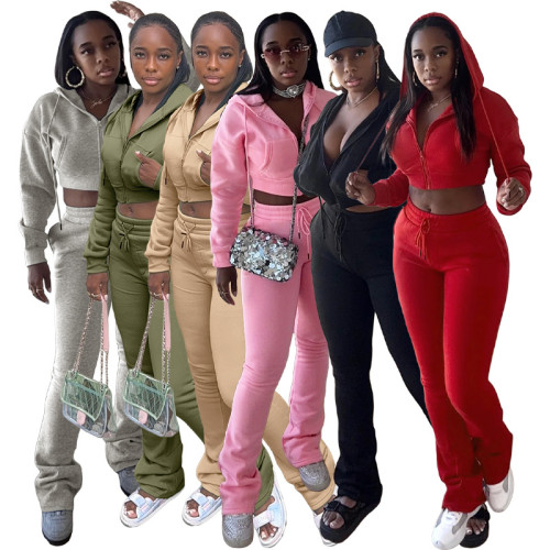 HR25057 European and American Fashion Women's Fleece Hooded Sweatshirt Cardigan Slim Fit Layered Flared Pants Two-Piece Set