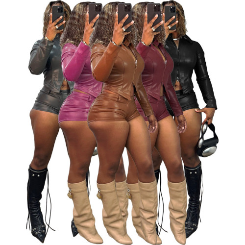 HR25102 European and American Fashion Women's Leather Stand Collar Two-Way Zipper Motorcycle Long Sleeve Top and Shorts Two-Piece Set