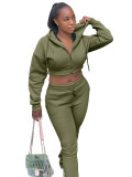 HR25057 European and American Fashion Women's Fleece Hooded Sweatshirt Cardigan Slim Fit Layered Flared Pants Two-Piece Set