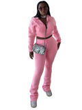 HR25057 European and American Fashion Women's Fleece Hooded Sweatshirt Cardigan Slim Fit Layered Flared Pants Two-Piece Set