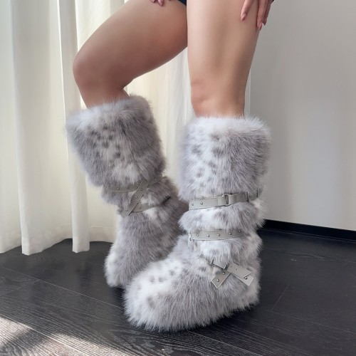 European and American Style Plush Snow Boots for Women Winter Thick Sole Faux Raccoon Fur Leopard Print Fox Fur Y2K Punk Boots