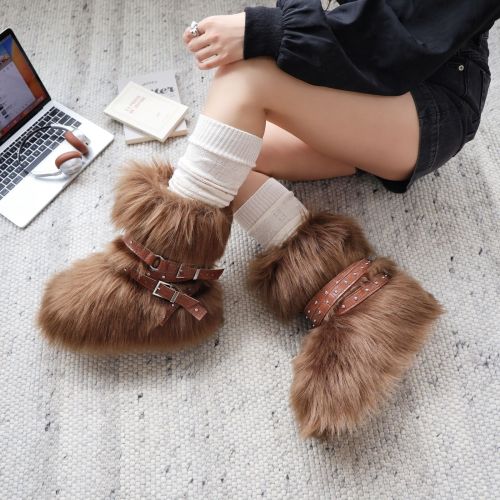 25 Hot Girl Thick-Soled Snow Boots Y2K Punk Faux Shearling Boots Studded Boots Height-Increasing Furry Boots MO40125