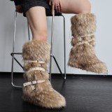 European and American Style Plush Snow Boots for Women Winter Thick Sole Faux Raccoon Fur Leopard Print Fox Fur Y2K Punk Boots