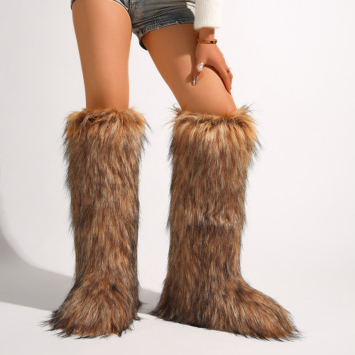 25 New High Boots Knee-High Snow Boots Warm Imitation Raccoon Fur Boots Y2K Fur Boots Hot Girl Boots RA5015