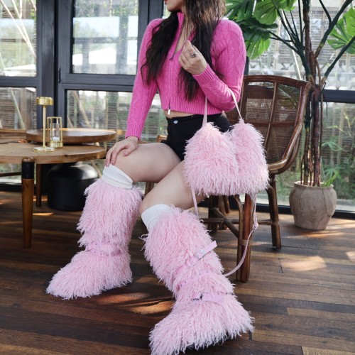 European and American Style Furry Snow Boots 25 New Warm High Tube Cross Strap Rivet Non-Slip Cotton Boots Set MO40125