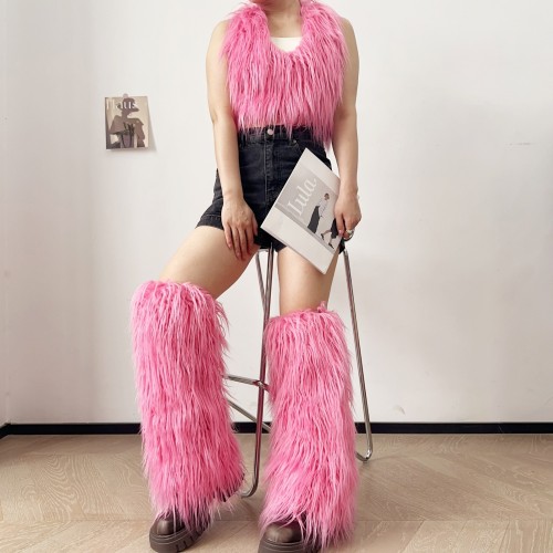 New European and American Style Fur Vest Imitation Beach Wool Sexy Backless Halter Pullover Curly Wool Leg Warmers Set