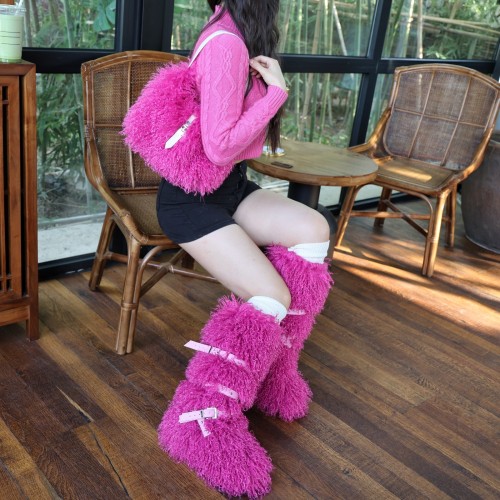 European and American Style Furry Snow Boots 25 New Warm High Tube Cross Strap Rivet Non-Slip Cotton Boots Set MO40125
