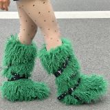 European and American Style Furry Snow Boots for Women Winter 2025 New Warm High Tube Cross Strap Rivet Non-Slip Cotton Shoes