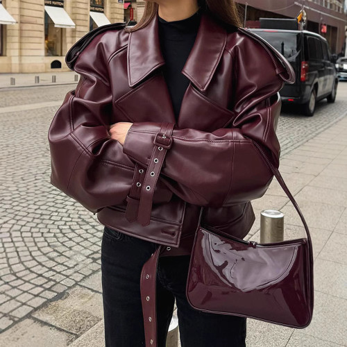 Real Shot - Autumn Winter Burgundy PU Lapel Women's Leather Jacket European and American Cross-border Adjustable Cuffs Vintage Motorcycle Jacket