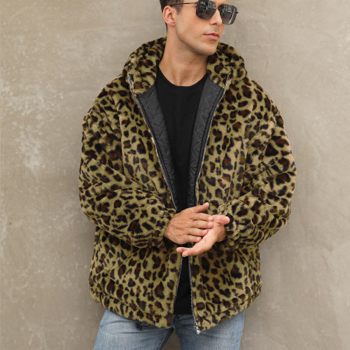 F0836 Cross-Border Hot-Selling Men's Autumn Winter Warm Plush Leopard Print Coat Faux Fur Zipper Hooded Jacket