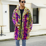 F0774 Cross-Border European and American Men's Faux Fur Coat Autumn and Winter Warm Plush Overcoat Leopard Print Contrast Color Overcoat