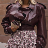 Real Shot - Autumn Winter Burgundy PU Lapel Women's Leather Jacket European and American Cross-border Adjustable Cuffs Vintage Motorcycle Jacket