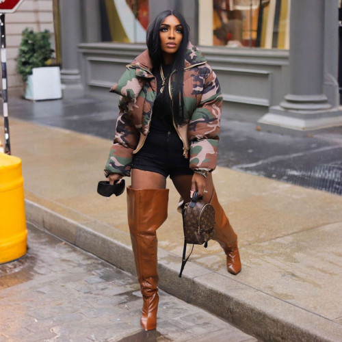 Amazon Autumn Winter New European and American Women's Fashion Retro Camouflage Print Short Jacket Cotton Coat