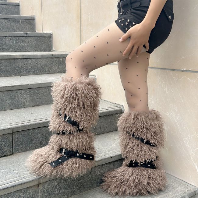European and American Style Furry Snow Boots for Women Winter 2025 New Warm High Tube Cross Strap Rivet Non-Slip Cotton Shoes
