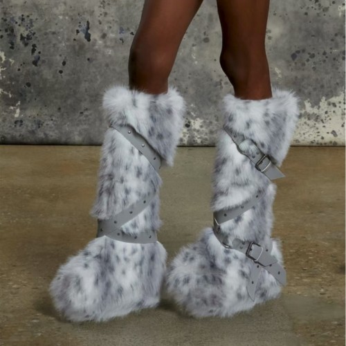 2025 New Faux Fur Leopard Print High Tube Lace-Up Furry Boots for Women Subculture Plush Studded Thick-Soled Snow Boots