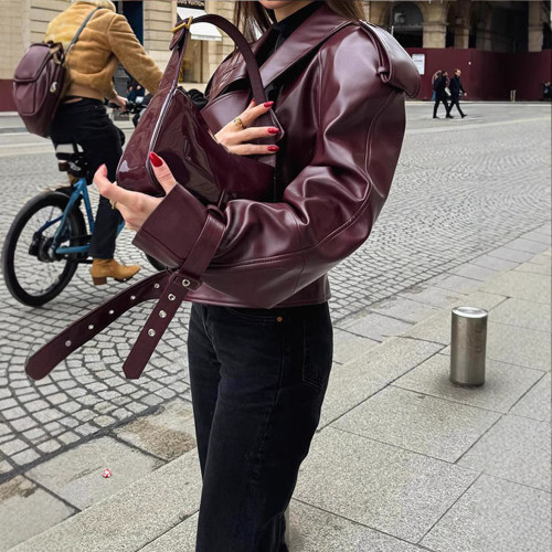Real Shot - Autumn Winter Burgundy PU Lapel Women's Leather Jacket European and American Cross-border Adjustable Cuffs Vintage Motorcycle Jacket