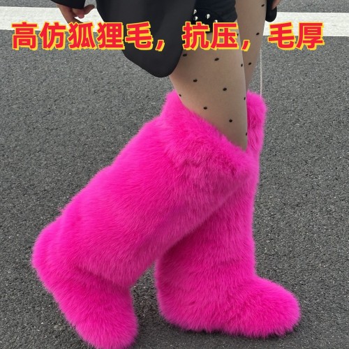 Cross-Border High Imitation Fox Fur Snow Boots Furry Flat Bottom Autumn Winter Warm Fashion Round Toe Hot Girl Over-the-Knee Fur Boots
