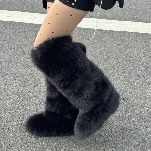 Cross-Border High Imitation Fox Fur Snow Boots Furry Flat Bottom Autumn Winter Warm Fashion Round Toe Hot Girl Over-the-Knee Fur Boots