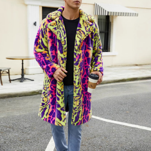 F0774 Cross-Border European and American Men's Faux Fur Coat Autumn and Winter Warm Plush Overcoat Leopard Print Contrast Color Overcoat