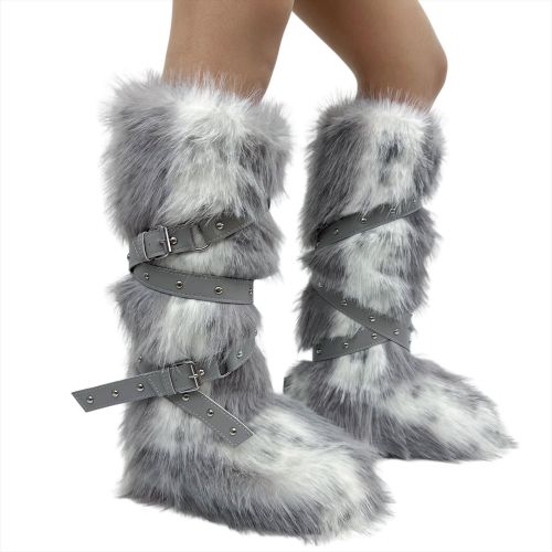 2025 New Faux Fur Leopard Print High Tube Lace-Up Furry Boots for Women Subculture Plush Studded Thick-Soled Snow Boots