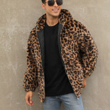 F0836 Cross-Border Hot-Selling Men's Autumn Winter Warm Plush Leopard Print Coat Faux Fur Zipper Hooded Jacket