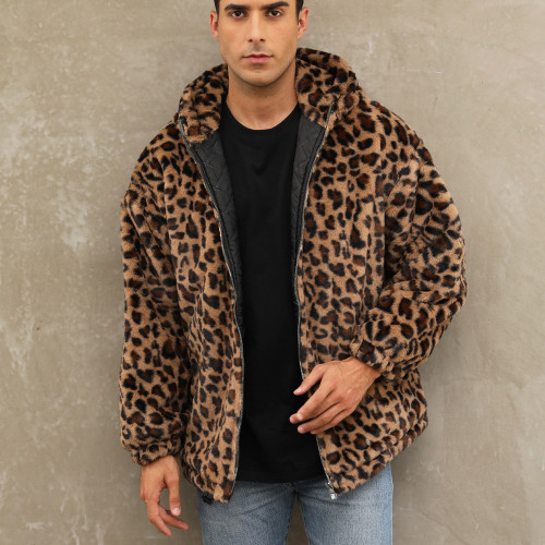 F0836 Cross-Border Hot-Selling Men's Autumn Winter Warm Plush Leopard Print Coat Faux Fur Zipper Hooded Jacket