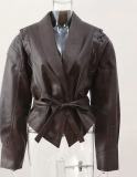 Real Shot - Autumn Winter Burgundy PU Lapel Women's Leather Jacket European and American Cross-border Adjustable Cuffs Vintage Motorcycle Jacket