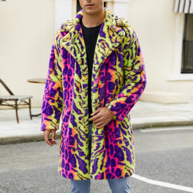 F0774 Cross-Border European and American Men's Faux Fur Coat Autumn and Winter Warm Plush Overcoat Leopard Print Contrast Color Overcoat