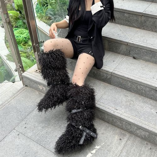 European and American Style Furry Snow Boots for Women Winter 2025 New Warm High Tube Cross Strap Rivet Non-Slip Cotton Shoes