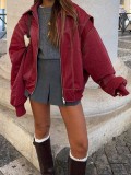 Real Shot - Autumn Winter Burgundy PU Lapel Women's Leather Jacket European and American Cross-border Adjustable Cuffs Vintage Motorcycle Jacket