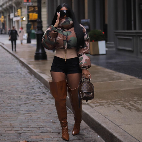 Amazon Autumn Winter New European and American Women's Fashion Retro Camouflage Print Short Jacket Cotton Coat