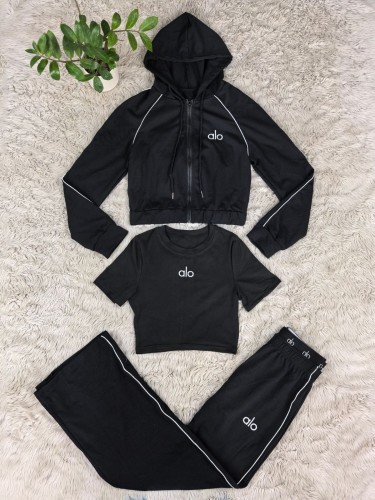 Embroidered letter zipper sweatshirt, multi-pocket jogger pants, casual sports three-piece set, cross-border Amazon sports suit
