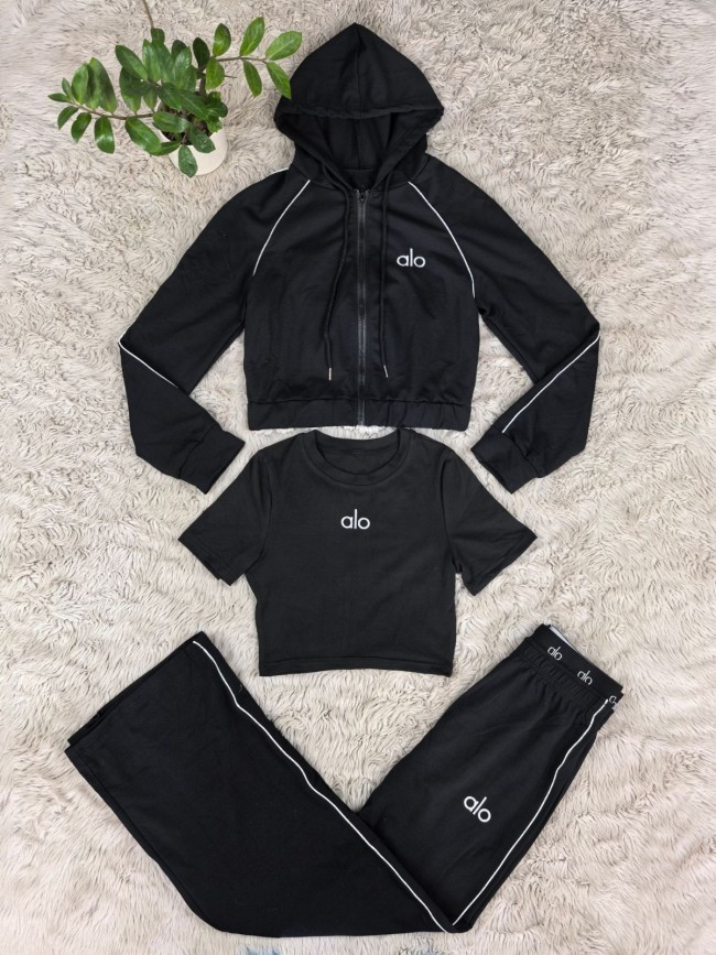 Embroidered letter zipper sweatshirt, multi-pocket jogger pants, casual sports three-piece set, cross-border Amazon sports suit