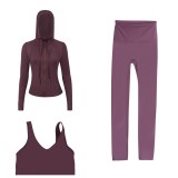 LULU DF hooded jacket, U-shaped vest, cropped pants three-piece set, starry gold zipper slim-fit yoga outfit
