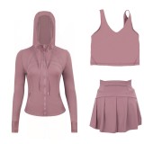 LULU Sports Tennis Skirt with Hooded Jacket and U-Back Tank Top Set for Women, Anti-Exposure Fitness Short Skirt, Two-in-One Design