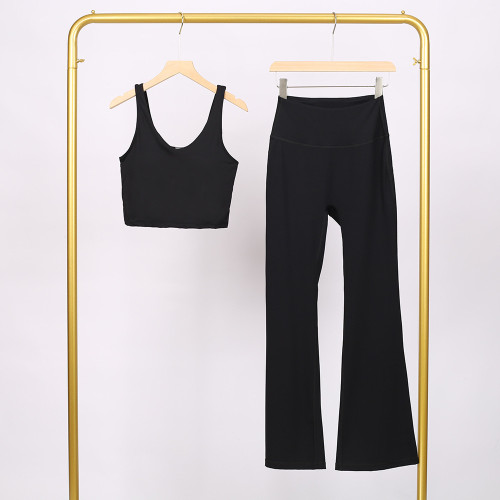 LULU U-shaped sports tank top and flared pants set, bra with beautiful back design, shockproof and supportive yoga top for women, sleeveless and short style